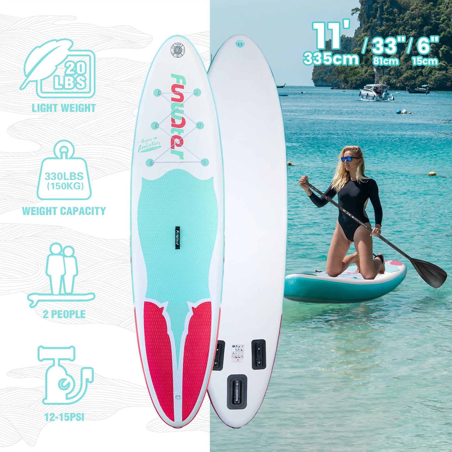[AU Direct]  Inflatable Stand up Paddle Board 335*81*15CM Ultra Lightweight All Includes Paddle Board, Adj Paddle, Pump, Backpack, Leash, Waterproof Bag, Non-Slip Deck Pad for Teenagers and Adults SUPFW11E